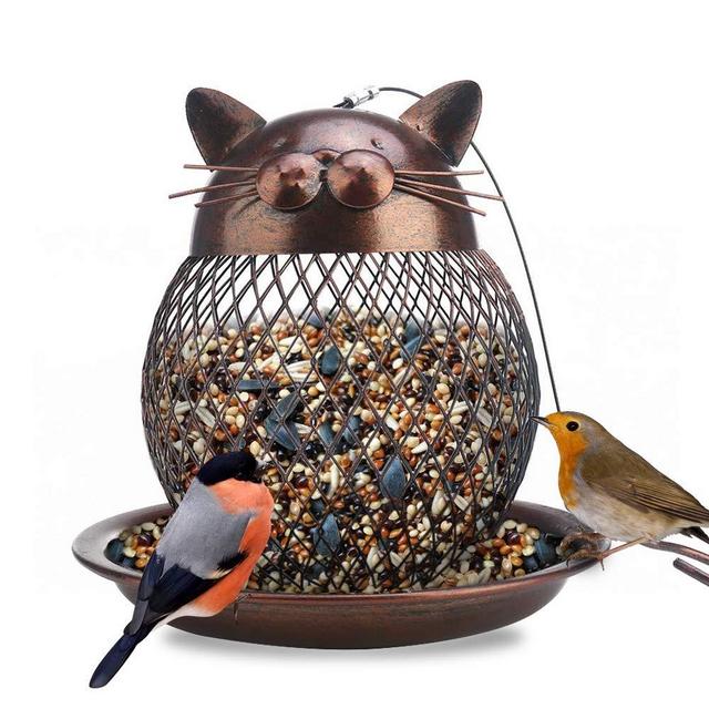 Outside Wild Bird Feeder, Heavy Duty Metal Frame Squirrel Proof Bird Feeders Hanging for Garden Yard Outdoor Decoration, Cute Cat Shaped