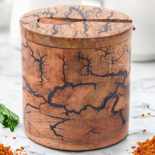 Wooden Salt & Spice Cellar with Lid and Spoon | Handmade from Natural Wood | Spice Jar | Spice Storage Box| Natural Lichtenberg Fractal
