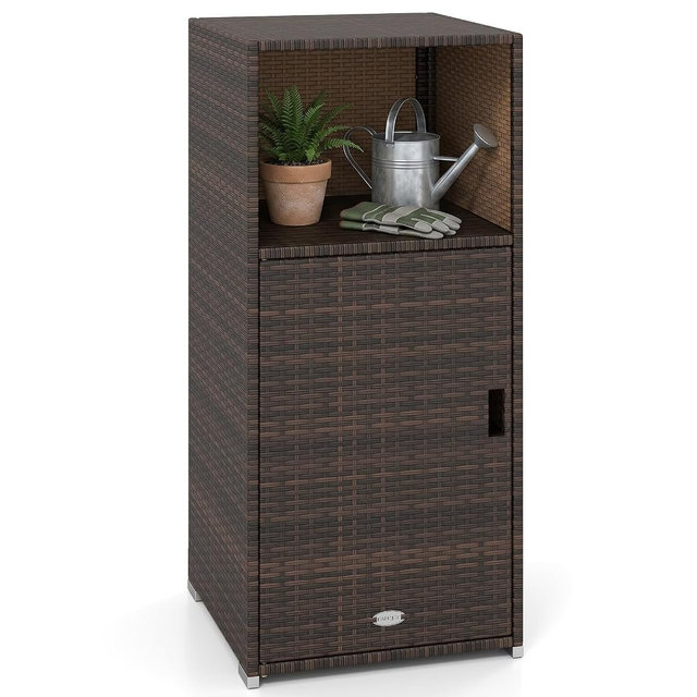 Tangkula Rattan Outdoor Storage Cabinet, Patiojoy PE Wicker Outdoor Cabinet with 3 Storage Shelves, Open Compartment and Door, Patio Storage Deck Box for Porch, Poolside, Backyard