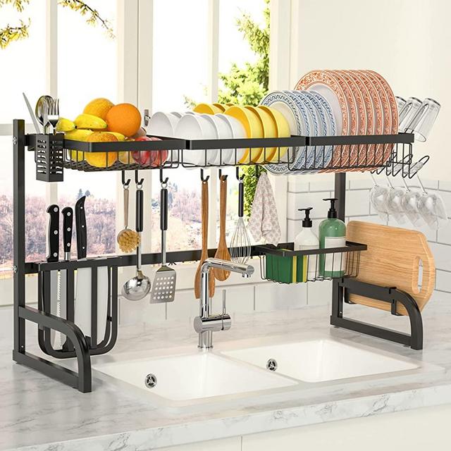 OTTOLIVES Over The Sink Dish Drying Rack,2 Tier Adjustable Dish Rack (33.5"-39.4") Length Expandable Kitchen Organization Storage Rack, Dish Drying Rack for Organizer Home Kitchen Counter Space Saver