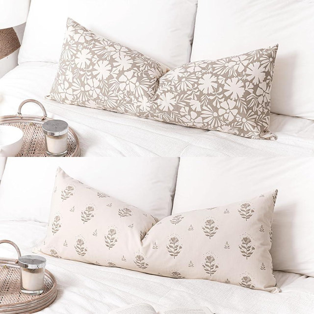 SageSelvas Floral Farmhouse Decorative Throw Pillow Cover 14X36, Taupe Light Brown Block Print Lumbar Throw Pillow for Bed, Accent Neutral Cotton Pillowcase for Couch Sofa Living Room, 1PC