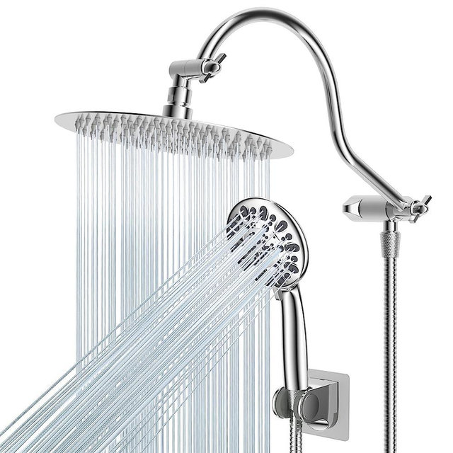 All Metal Shower Head,10 Inch High Pressure Rainfall Shower Head/Handheld Showerhead Combo with 12 Inch Adjustable Curved Shower Extension Arm,7-Spray,71-inch Hose Adhesive Showerhead Holder,Chrome