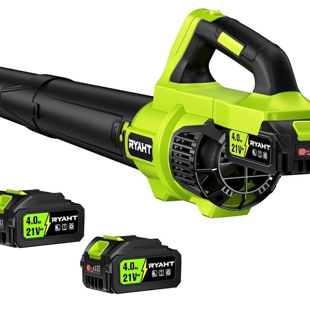 RYAHT Leaf Blower Cordless, Leaf Blower with Battery and Charger - 2 x 4.0Ah Batteries, 2 Speed Modes, 21V Powerful Lightweight Electric Blowers for Lawn Care, Patio Cleaning and Dust, Green