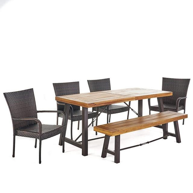 Christopher Knight Home 302561 Salla 6 Piece Outdoor Dining Set, 6-Pcs, Teak Finish/Rustic Metal/Multibrown