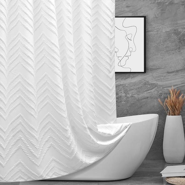 78 inch Shower Curtain Tall Shower Curtain 78 Inches Long White Tufted Chevron Striped Fabric Shower Curtains for Bathroom Modern Shabby Chic Waterproof Cloth Shower Curtain Set with Hooks, White