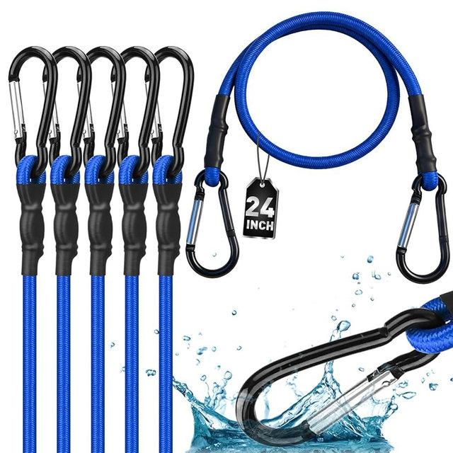 5-Piece 24 Inch Bungee Cords with Carabiner Hooks, Heavy Duty Rubber Elastic Tie Down Straps, Bungee Cord with Carabiner Clips for Cargo, Truck Bed, Camping, Motorcycle and Outdoor Use (Blue)