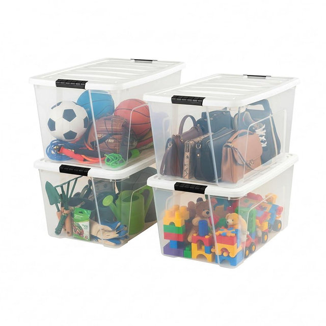 IRIS USA 72 Qt Stackable Plastic Storage Bins with Lids, 4 Pack - BPA-Free, Made in USA - See-Through Organizing Solution, Latches, Durable Nestable Containers, Secure Pull Handle - Clear/White