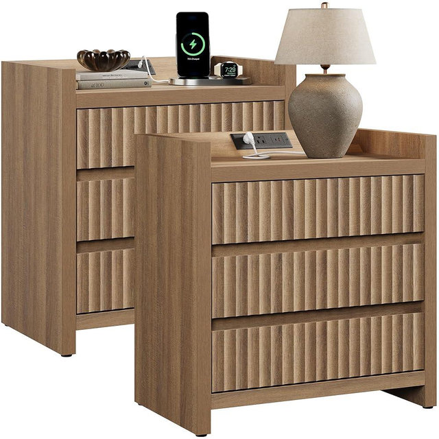 SICOTAS Night Stand Set of 2 with Charging Station, USB-C Port, 26" Tall Fluted Nightstand, Large 3-Drawer Bedside Table Mid Century Modern End Table for Bedroom Sofa Side (Reclaimed Caramel Oak)