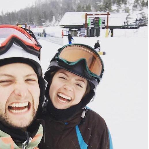 Teaching Ruby to snowboard in Tahoe!