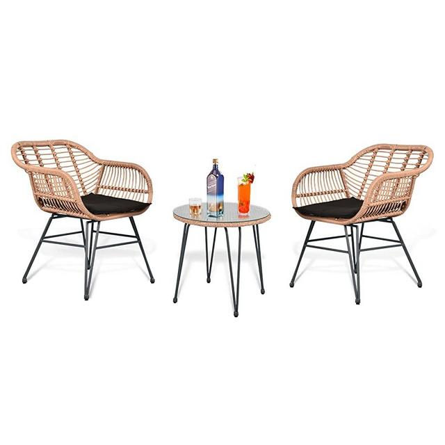 Leasbar 3 Piece Patio Bistro Set, Outdoor Wicker Conversation Chair Sets Balcony Furniture, Coffee Table with Glass Top, Cushions for Garden, Porch, Backyard, Deck, Poolside