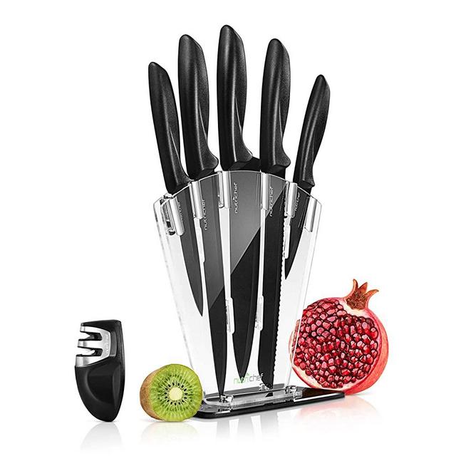 7 Piece Kitchen Knife Set - Stainless Steel Kitchen Precision Knives Set w/ 5 Knives & Bonus Sharpener, Acrylic Block Stand - Cutting Slicing, Chopping, Dicing - NutriChef NCKNS7X