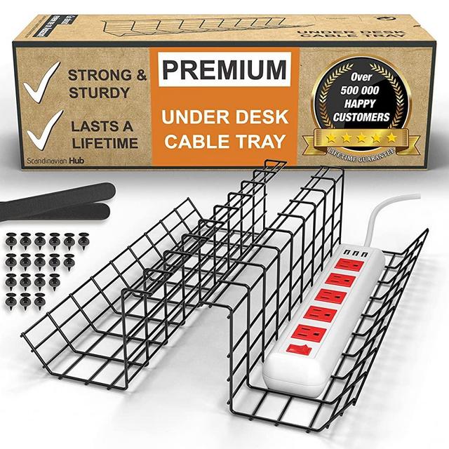 Under Desk Cable Management Tray - Under Desk Cable Organizers for Wire Management. Desk Cable Tray for Office and Home. Perfect Standing Desk Cable Management Rack (Black Wire Tray - Set of 2X 17'')