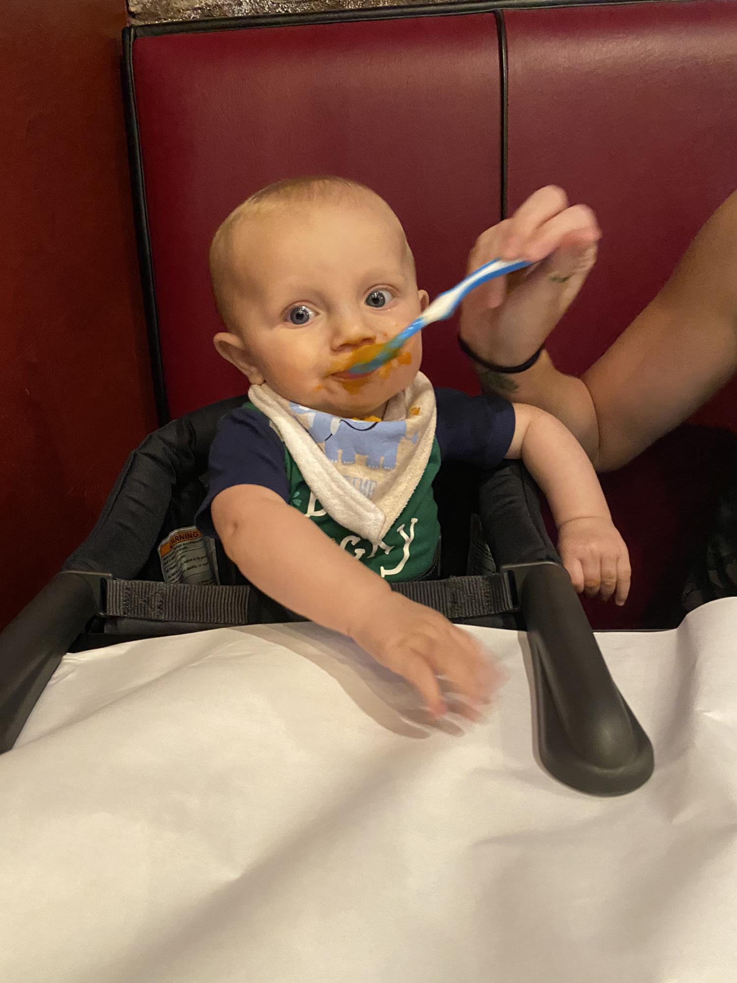 I eat food at the dinner table now