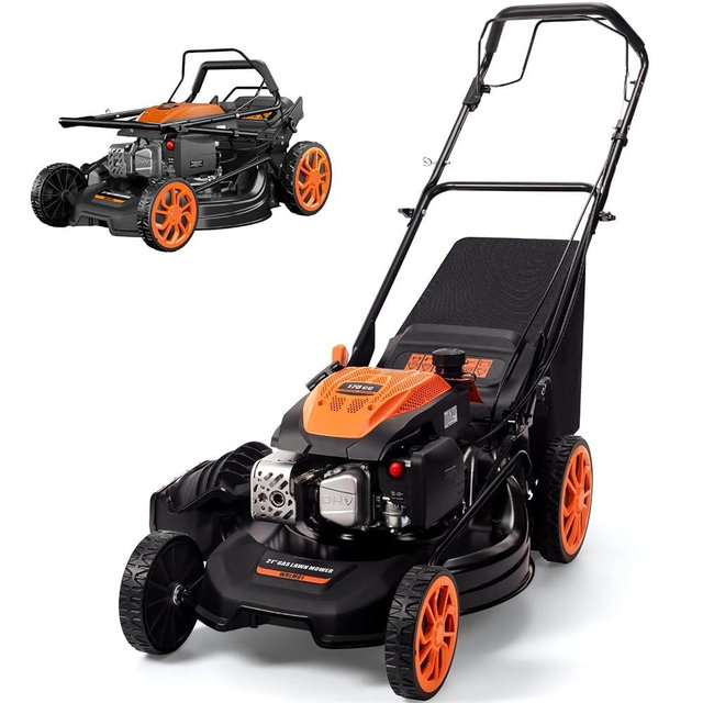 Ezasin 21" Self-Propelled Gas Lawn Mower, 170cc 4-Stroke Engine, 7-Position Cutting Height, 3-in-1 Versatile Mulching Bagging Discharging, 1.9 Bushels Large Grass Collector