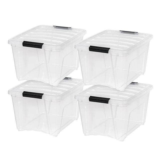 IRIS USA 32 Qt. Plastic Storage Bin Tote Organizing Container with Durable Lid and Secure Latching Buckles, Stackable and Nestable, 4 Pack, Crystal Clear