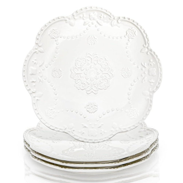 Tebery Set of 4 Ceramic Dinner Plate, 10.5 Inch Large Embossed Lace Salad Serving Plates, Elegant Appetizer Dessert Dishes for Wedding, Party, Restaurant, Kitchen, Microwave Dishwasher Safe, White