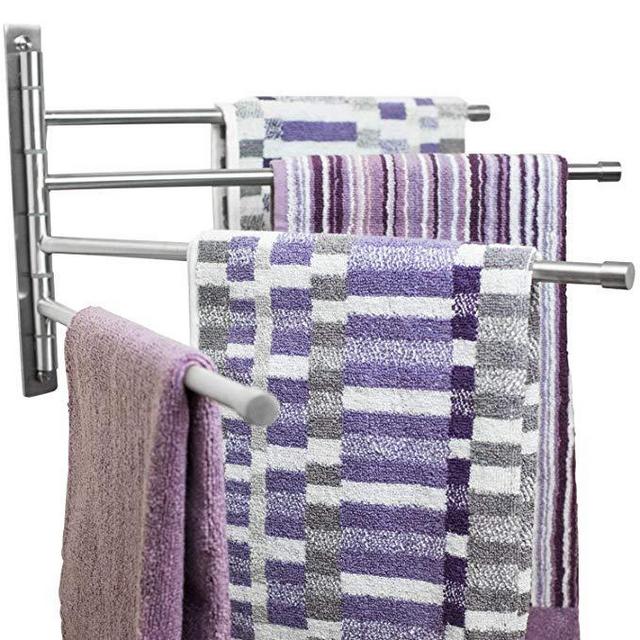 Swing Out Towel Bar - Stainless Steel  Swivel Towel Rack - Space Saving Swinging Towel Bar for Bathroom - Wall Mounted Towel Holder Organizer with 4 Arms- Easy To Install - Brushed Finish (20"X10")