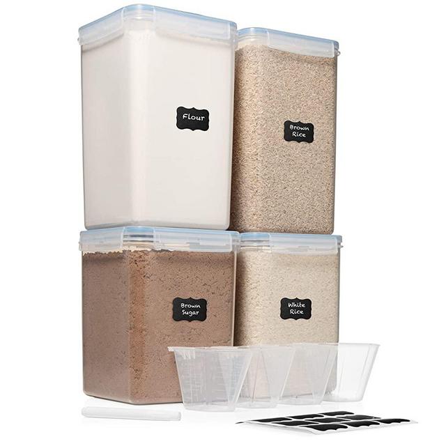 Extra Extra Large 6.5L x 2 & EXTRA LARGE 5.2L x 2 - WIDE & DEEP Food Storage Airtight Containers [Set of 4] + Free 4 Measuring Cups + Labels - Ideal for Sugar, Flour Leakproof BPA Free Clear Plastic