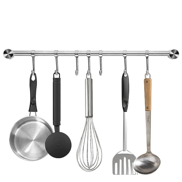 Audmore Kitchen Utensil Rack Wall Mounted, 15.6 Inch Pots and Pans Hanging Rack, 304 Stainless Steel Lid Cooking Utensil Hanger, 7 Sliding Hooks for Spatula Spoon, Measuring Cups, Coffee Mug, 1 Pack