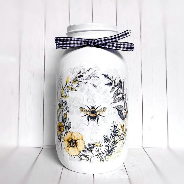 Rustic Farmhouse Jar, Cottage Decor, Decoupage Bee Wildflower Wreath, Rustic Decor, Home Decor, Farmhouse Decor.