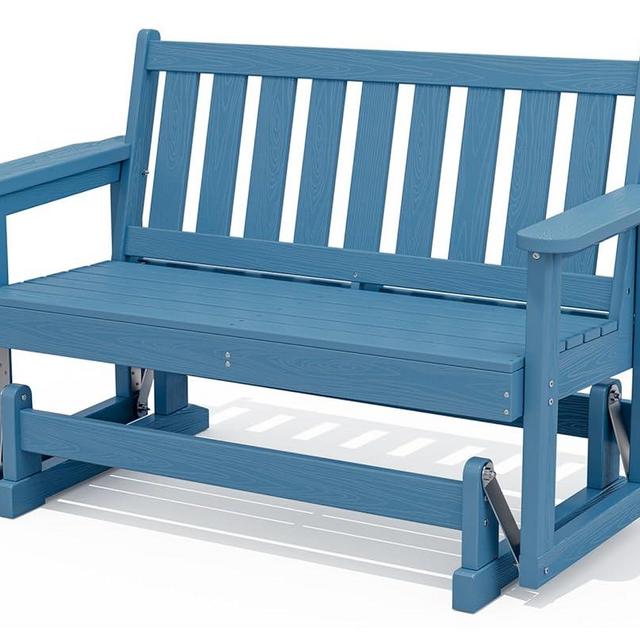 SERWALL 2 Person Patio Glider Rocking Chair, HDPE Material Weather-Resistant Swinging Bench for Outdoor Porch Garden, Navy