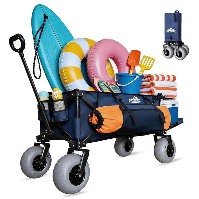 OTIATrail Beach Wagon for Sand with Big All-Terrain 9*4" Balloon Wheels, 200L Large Capacity 330lbs Heavy Duty Beach Carts, Collapsible Utility Wagon with Extended Tailgate for Beach Camping Outdoors