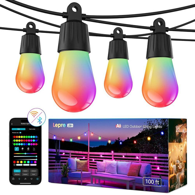 Lepro ZB1 AI Smart Outdoor String Lights APP Control, 100(88+12) ft RGB+IC+Warm White Outdoor Lights 30 LED Bulbs, Alexa Google Enabled, AI Generated Lighting LLM, NO Remote, 2.4 GHz WiFi+Bluetooth