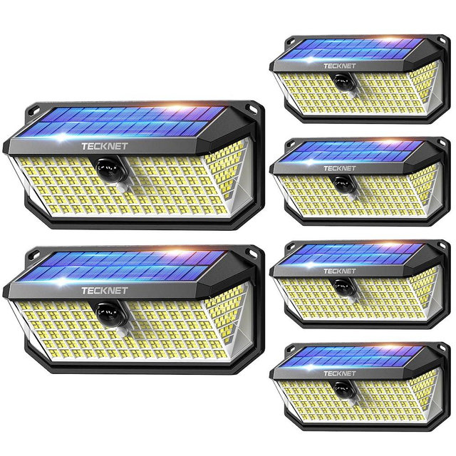 TECKNET 416 LED Solar Powered Outdoor Lights, 270° Angle & 3 Lighting Modes Motion Sensor Light Outdoor, Security Solar Lights Waterproof - 6 Pack