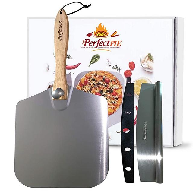 The Perfect Pie Pizza Peel Aluminum Metal Pizza Paddle 12” x 14” with Foldable Wooden Handle and 14” Rocker Cutter with Cover - Easy Storage Pizza Spatula for Baking and Slicing Homemade Pizza Bread
