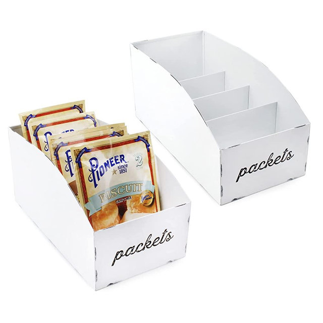 AuldHome Farmhouse Food Packet Organizers (2-Pack, White); Pantry Organization Divided Compartment Bins for Food Mixes and Spice Packets