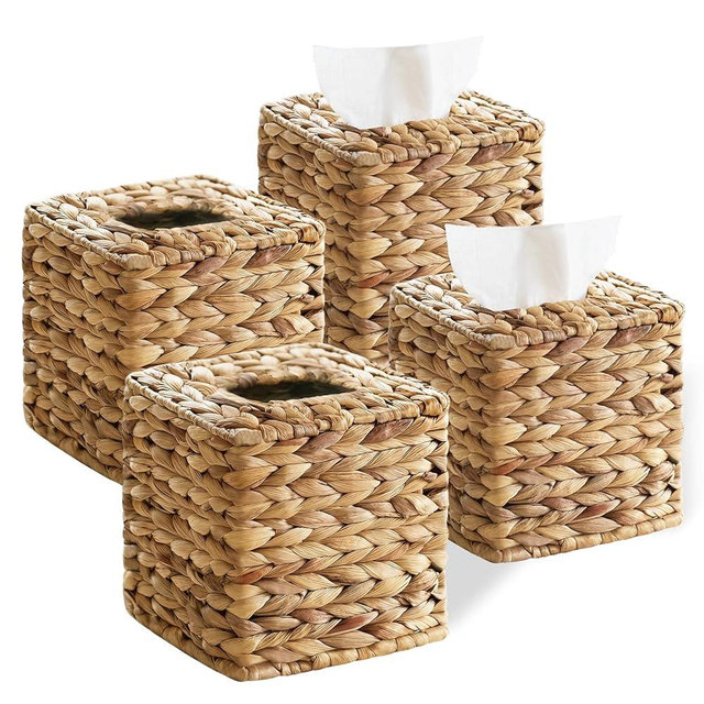 S310 4 Pack Wicker Tissue Box Cover Square, Rattan Tissue Box Holder Facial Tissues Boxes, Hand Woven Decorative Tissue Covers Tissue Holders for Bathroom Bedroom Desk Office