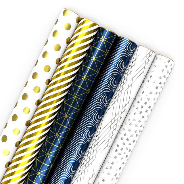 Hallmark Bulk Wrapping Paper Rolls for Birthday, Wedding, Graduation – Blue Metallic Gift Wrap Paper (Set of 6 Rolls: 180 Square Feet Total) Silver Stars, Gold Dots, Stripes, Navy
