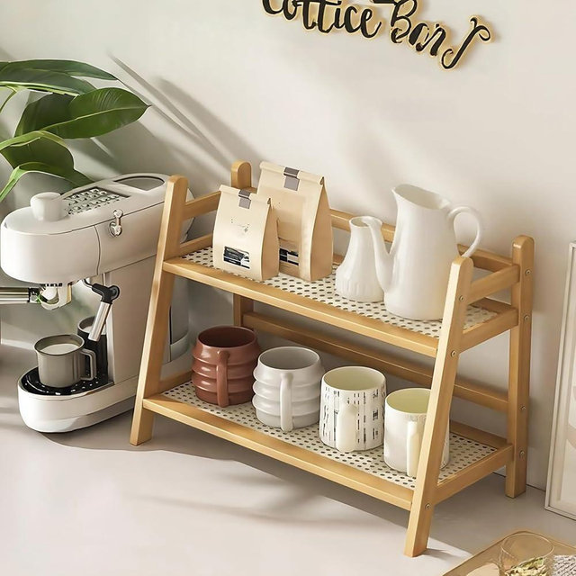 D-werack Wicker-look Coffee Station Organizer, Bamboo Mug Holder Countertop, Kitchen Counter Shelf for Tea Coffee Bar Accessories, Matcha Stand, Cup Display, Condiment Storage Rack, 2 Tier