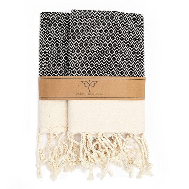 SMYRNA TURKISH COTTON Kitchen Dish Towels Pack of 2 | 100% Natural Cotton, 15 x 26 Inches | Machine Washable Wash Cloths | Ultra Soft, Absorbent, Prewashed and Quick Dry Turkish Dish Towels (Black)