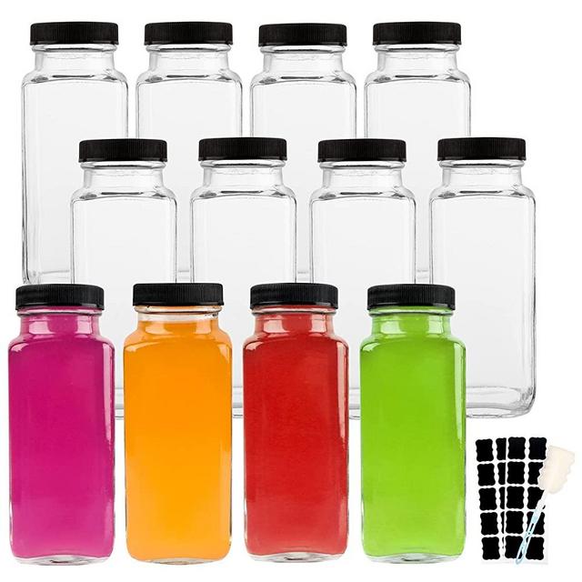 HINGWAH 8.5 OZ Glass Drink Bottles, Set of 12 Vintage Glass Water Bottles with Lids, Great for storing Juices, Milk, Beverages, Kombucha and More ( Labels and Sponge Brush Included)
