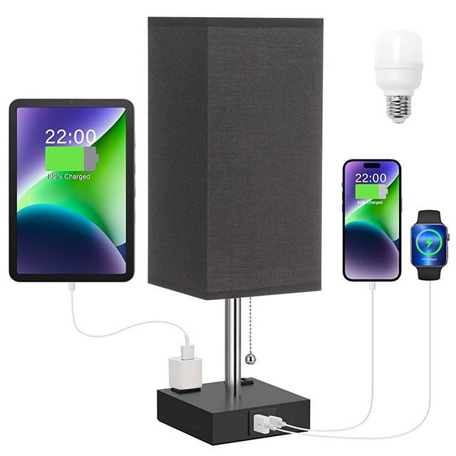 Bedside Lamp with 3 Color Modes - Table Lamp for Bedroom with USB C+A Charging Ports, 2700K-5000K Nightstand Lamp with USB Port and Outlet, Small Table Lamp for Guest Room Black Base(Black)