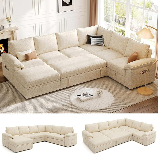 SUAWY 108 Inch Modular Sectional Sofa with Pull Out Bed,U Shaped 7 Seat Sectional Sleeper Sofa with Storage,Sectional Couches for Living Room,Cloud Modular Couch,Removable Sofa Cover,Beige