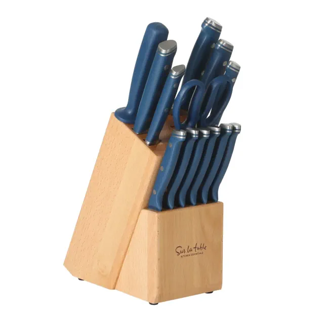 Sur La Table Kitchen Essentials 14 Piece Cutlery Set, German Steel Forged Knives Set, Block, Chef, Santoku,Bread, Steak Knives, Shears-Blue