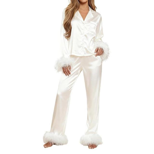 Aopwsrlyi Satin Pajama Set for Women Feather Trim Long Sleeve Sleepwear Shirt Matching Pants Bride Pjs Lounge Set