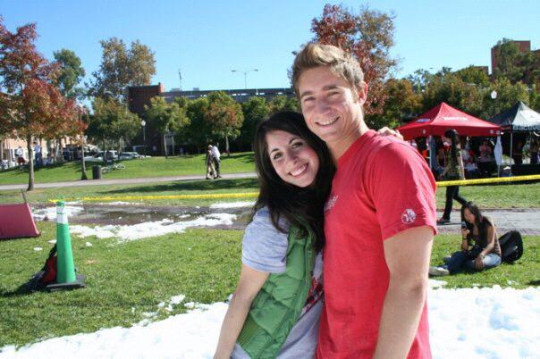 One of the first photos ever taken of me and Nelson at USC in 2007 - right before we started dating ;)

Yes that is snow on the ground on campus for a ski team event ! In so cal...