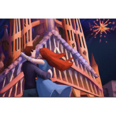 AI-rendering of the couple's date on New Year's Eve in front of La Sagrada Familia