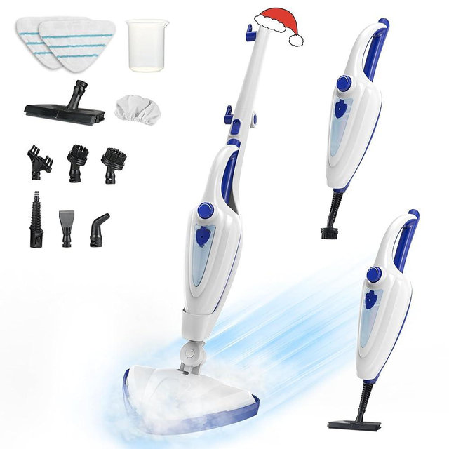 12-in-1 Steam Mop, Fast 15-Sec Heat-Up, 1500W Detachable Handheld Steam Cleaner with 2 Dirt Grip Pads, Removes 99.99% Stubborn Stains for Hardwood Floors, Clothes, Windows, Tiles, Furniture, Blue