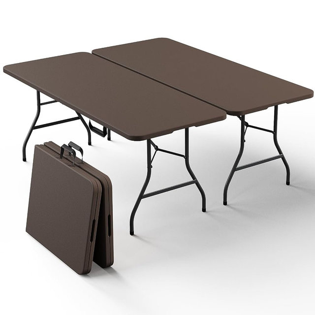 2 Pack Folding Table 6ft - Heavy Duty Plastic Table with Handle, Foldable & Portable, Fold-in-Half Utility Tables for Outdoor, Dining, Wedding, Events, Indoor, Picnic, Camping, Party (Brown)