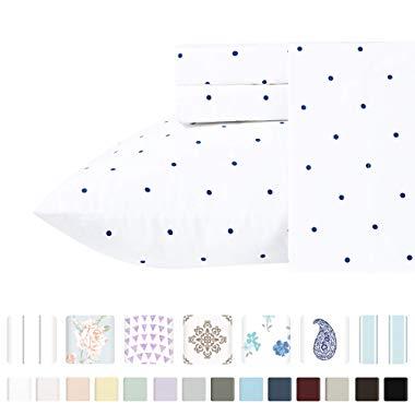 400 Thread Count 100% Cotton Sheets in Navy Dot Printed Queen Size Set, 4-Piece Long-staple Combed Cotton Best Quality Sheets For Bed, Breathable, Sateen Weave Fits Mattress Upto 18'' Deep Pocket