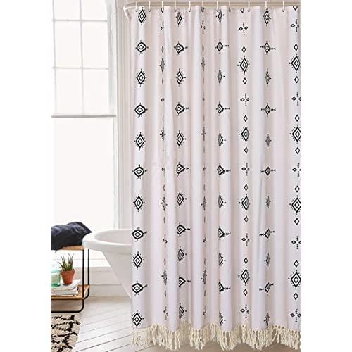 Yokii Boho Tassel Fabric Shower Curtain, 72-Inch Tribal Chic Hippie Geo Diamond Fringe Bathroom Shower Curtain Set Beige Heavy Weighted Waterproof Bath Curtains with Hooks (72x72, Beige)