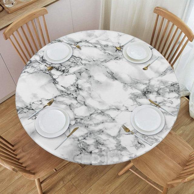 Fiokroo Black and White Marble Tablecloth with Elastic Edge, Round Table Cloth Washable Reusable Table Cover for Kitchen Dining Party Picnic, Small (Suitable for 40-44 in)