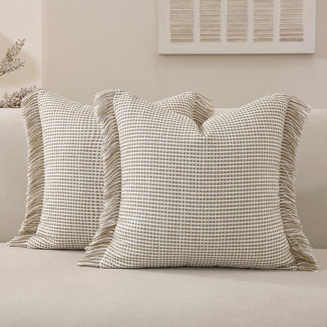 Hahbabya Boho Throw Pillow Covers 18x18 Set of 2 Soft Cotton Striped Fringe Pillow Cover Farmhouse Cushion Covers with Elegant Handmade Tassel Decorative Square Pillowcase for Couch Sofa Bed, Khaki