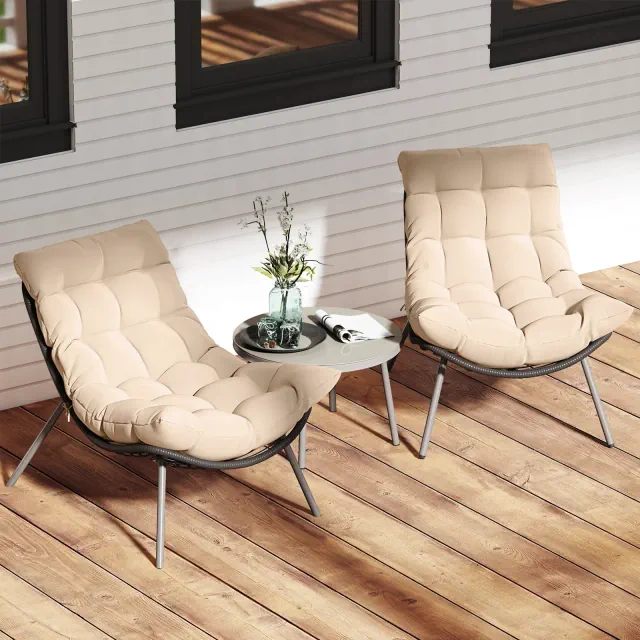Costway 3 PCS Patio Furniture Set with Cushioned Papasan Chairs Tempered Glass Coffee Table Brown