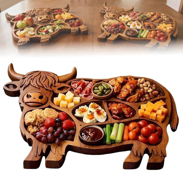 Highland Cow Charcuterie Board, Highland Cow Wooden Tray, Rustic Farmhouse Serving Board, Highland Cow Serving Platter for Hold Meat, Fruit, Vegetables, Cheese, Family Meals (B)
