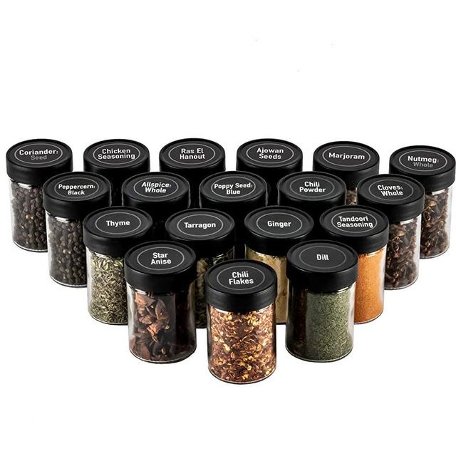 AllSpice 3 Ounce Glass Spice Jars with Black Plastic Lids and 3 Styles of Shaker Tops- 18 Pack